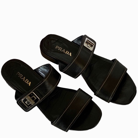 VINTAGE BLACK PRADA SLIP ON SLIDES LEATHER SANDALS WITH SILVER BUCKLE - Picture 16 of 16